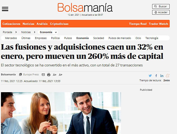 Las fusiones y adquisiciones caen un 32% en enero, pero mueven un 260% ms de capital